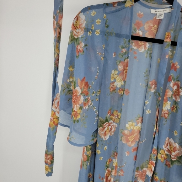 Bathing Suit Cover Up American Eagle Floral Print Chiffon Swim Kimono Blue - Picture 10 of 15
